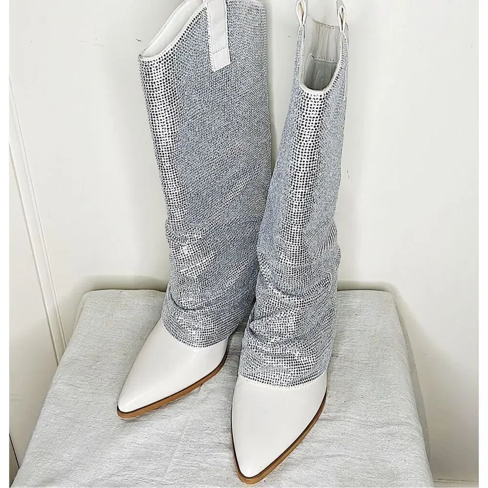 Forever 21 White Western Boots Silver Rhinestone Overlay Size 6 Nwt